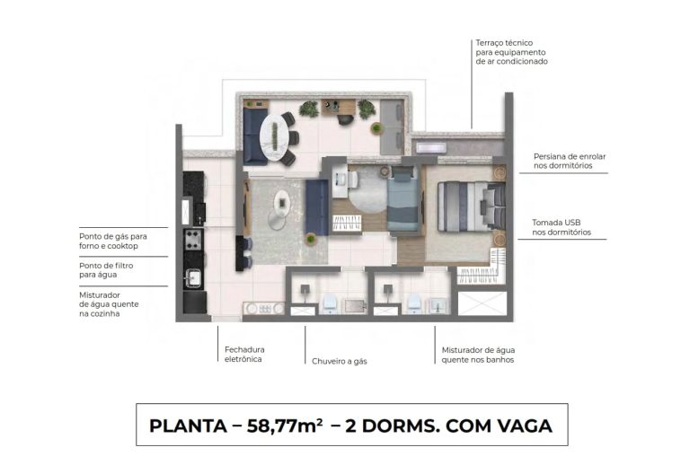planta 2 dorms com varanda Roma Jd Guedala