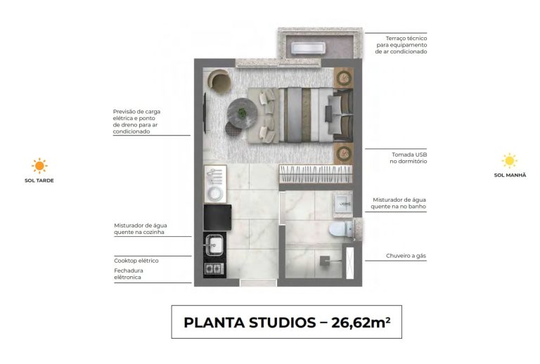 planta studio 26 m² do imóvel Roma Jd Guedala